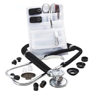 Medical stethoscope kit with scissors, penlight, spare ear tips, and white pocket organizer