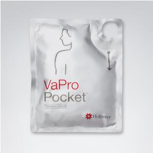 VaPro Pocket catheter sterile medical supply pouch, Hollister packaging, silver background
