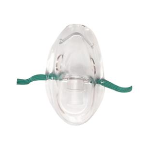 Clear oxygen mask with green elastic strap for medical respiratory support