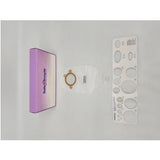 Ostomy bag kit with measuring guide and purple box on white background