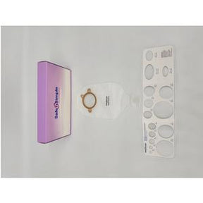 Ostomy bag kit with measuring guide and purple box on white background