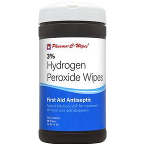 Container of 3% hydrogen peroxide wipes for first aid antiseptic use, 40 count