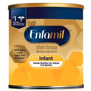 Enfamil infant formula powder can, milk-based with iron for babies 0-12 months.