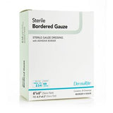 Box of sterile bordered gauze dressings with adhesive border for wound care
