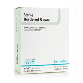 Box of sterile bordered gauze dressings with adhesive border for wound care