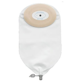 Precut oval one-piece urinary ostomy pouch with adhesive barrier, white background