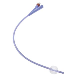 Sterile silicone Foley catheter with inflation balloon for urinary care on white background