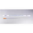 Intermittent straight male catheter with orange tip and sterile packaging on gray background