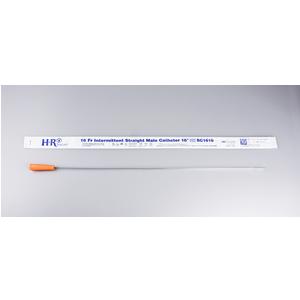 Intermittent straight male catheter with orange tip and sterile packaging on gray background