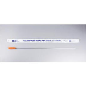 Intermittent straight male catheter with orange tip and sterile packaging on gray background