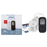 Omron TENS therapy device with digital display, electrode pads, and retail packaging