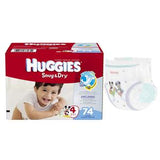 Huggies Snug & Dry size 4 baby diapers box with a baby and diaper pack shown