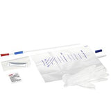 Sterile medical catheter kit with catheter tube, urine collection bag, gloves, lubricant, and antiseptic wipe