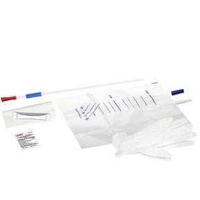 Sterile medical catheter kit with catheter tube, urine collection bag, gloves, lubricant, and antiseptic wipe