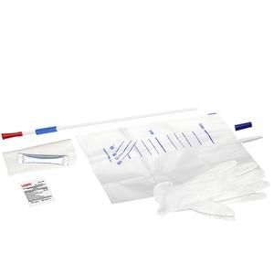 Sterile medical catheter kit with catheter tube, urine collection bag, gloves, lubricant, and antiseptic wipe