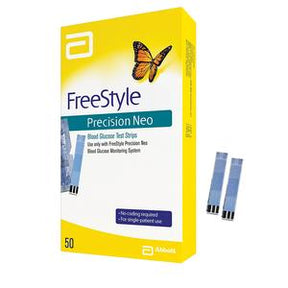 FreeStyle Precision Neo blood glucose test strips box with two strips, yellow packaging, butterfly logo