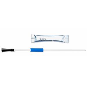 Disposable medical catheter with blue grip and sterile packaging on white background