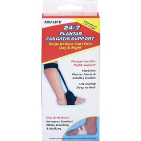 Plantar fasciitis support brace packaging showing foot brace for pain relief and comfort.
