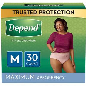 Depend Fit-Flex Underwear Maximum Absorbency medium 30 count packaging with smiling woman