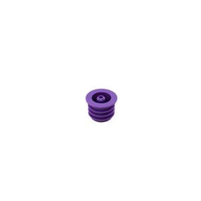 Purple medical vial stopper with grooved sides on white background