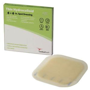 Thin Hydrocolloid 6x6 inch spot dressing for wound care, shown with packaging