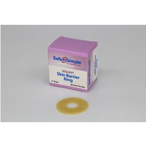 Skin barrier ring with product box for ostomy supplies on white background