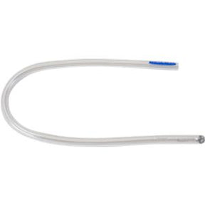 Clear medical catheter tube with blue tip on white background