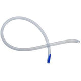 Clear medical catheter tube with blue tip on white background for home healthcare use