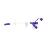 Purple medical feeding tube extension set with connector and cap on white background