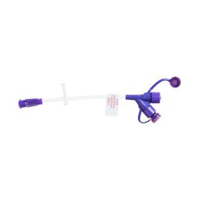 Purple medical feeding tube extension set with connector and cap on white background