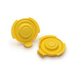 Yellow circular medical supply caps on white background