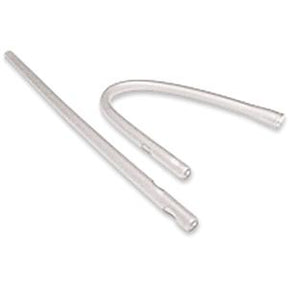 Two sterile medical catheters, one straight and one curved, on a plain white background.