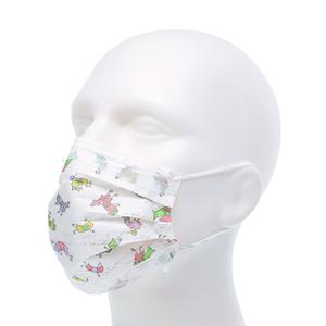 Mannequin head wearing a white medical face mask with colorful cartoon animal prints