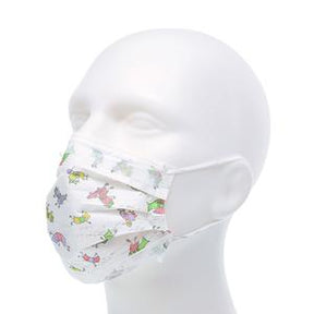 Mannequin head wearing a white medical face mask with colorful cartoon animal prints