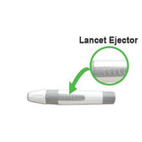 White and grey lancet ejector pen for blood glucose testing with labeled ejector detail