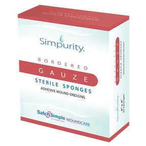 Box of Simpurity bordered gauze sterile sponges adhesive wound dressing medical supply