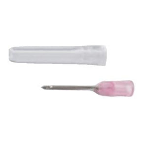 Sterile medical needle with pink hub and clear protective cap, isolated on white background