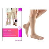 Beige medical compression socks worn on legs, product box shown on left, neutral background.