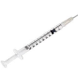 Disposable medical syringe with clear barrel and measurement markings