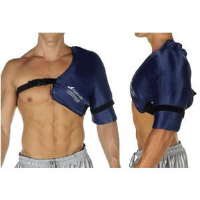 Adjustable navy blue shoulder compression wrap for injury support, modeled on male torso