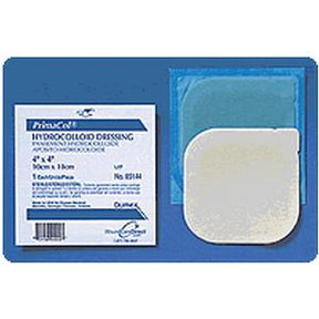 Hydrocolloid dressing patch and package for wound care on a blue background