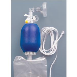 Manual resuscitator with blue bag, face mask, oxygen tubing and reservoir bag on grey background