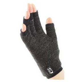 Hand wearing a gray compression glove with open fingertips, ideal for arthritis relief.