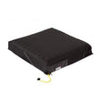 Black wheelchair seat cushion for pressure relief and comfort.