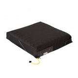 Black wheelchair seat cushion for pressure relief and comfort.