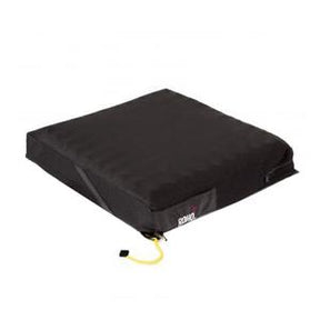 Black wheelchair seat cushion for pressure relief and comfort.