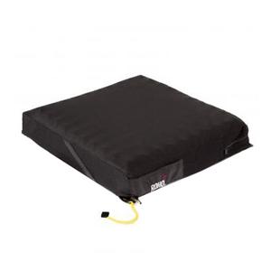 Black wheelchair seat cushion for pressure relief and comfort.