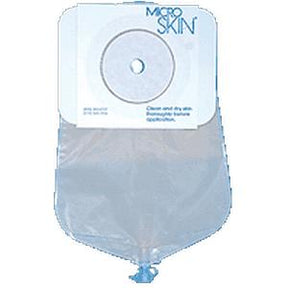 Transparent ostomy bag with circular adhesive barrier, drainable medical supply.