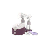 Electric breast pump kit with bottles and purple spoon for home medical use