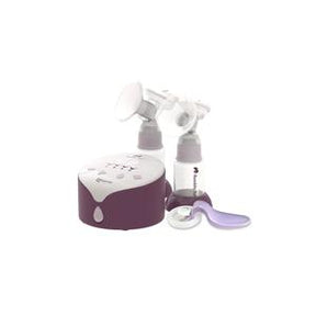 Electric breast pump kit with bottles and purple spoon for home medical use